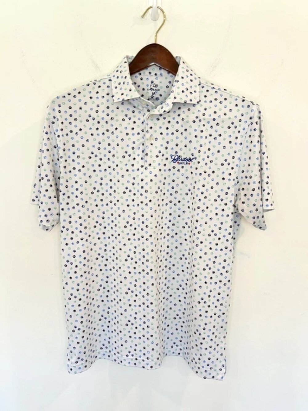Rhoback Polo Shirt Men's M White Dog Paw Print Barstool Golf Stretch Performance - Picture 2 of 8